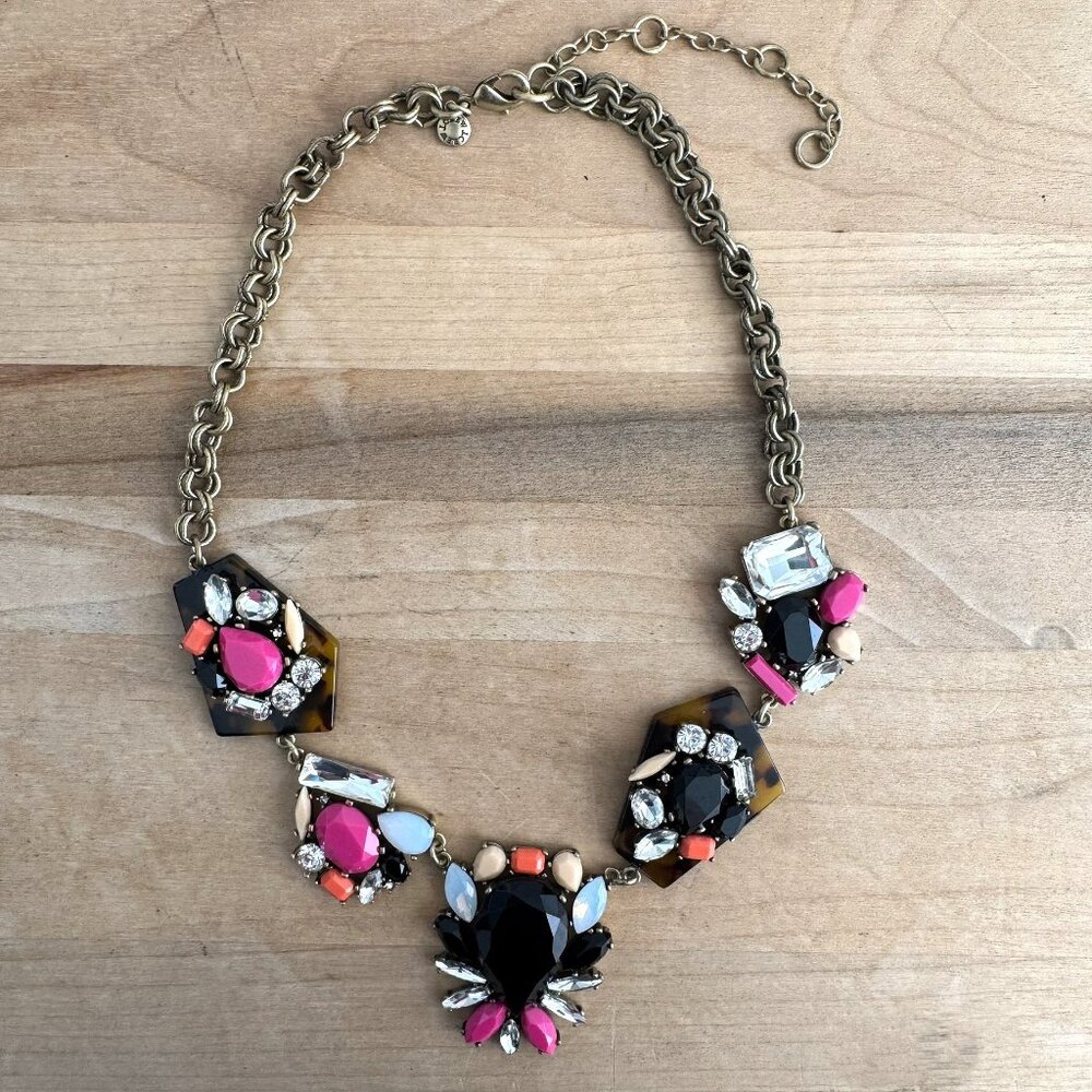 J. CREW Tortoise Neon & Black Rhinestone Statement Necklace 18" w 3.25" extender